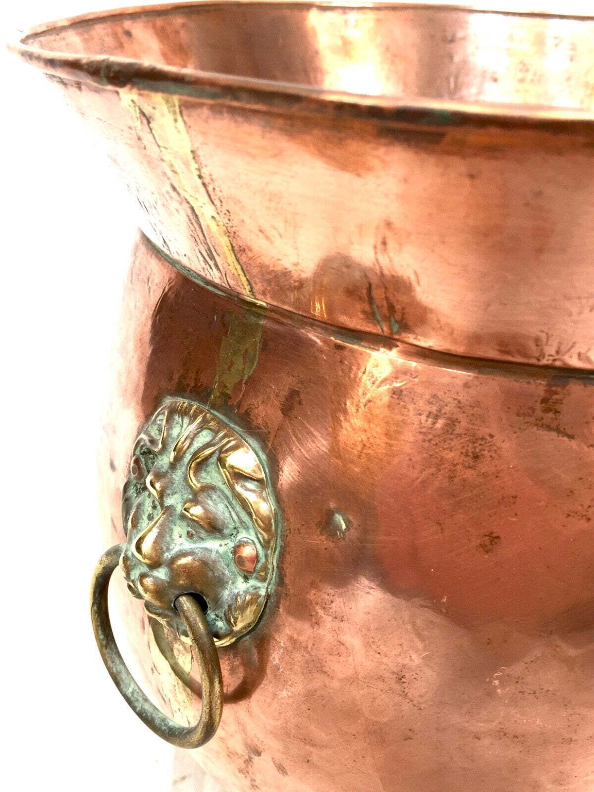Antique Arts & Crafts Copper Planter / Brass Lion Mask Handles Plant Pot C.1890 photo buy