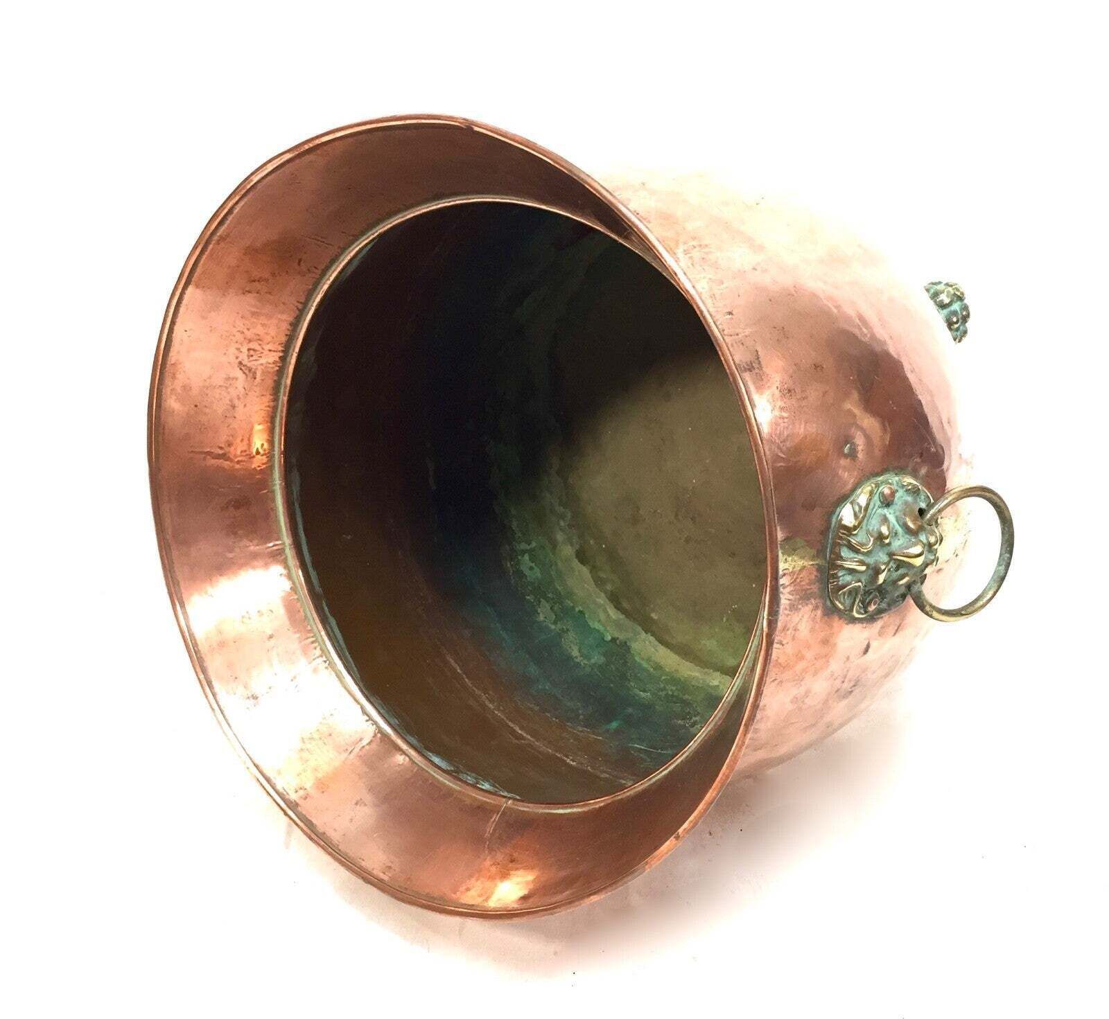 photo furniture Antique Arts & Crafts Copper Planter / Brass Lion Mask Handles Plant Pot C.1890