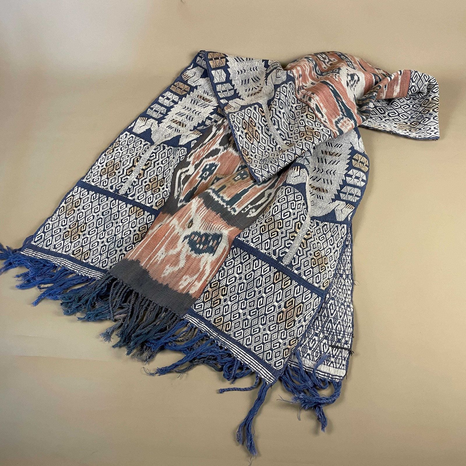 Indonesian Handmade Fabric Table Runner Blue Pink Tassel Ends Long 217x61cm South East Asian photo furniture