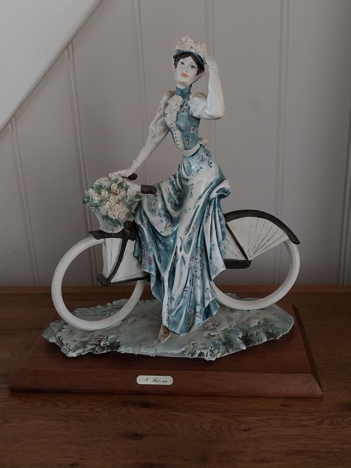 Capodimonte Auro Belcari Girl On Bycycle With Flower Basket. Large. photo furniture
