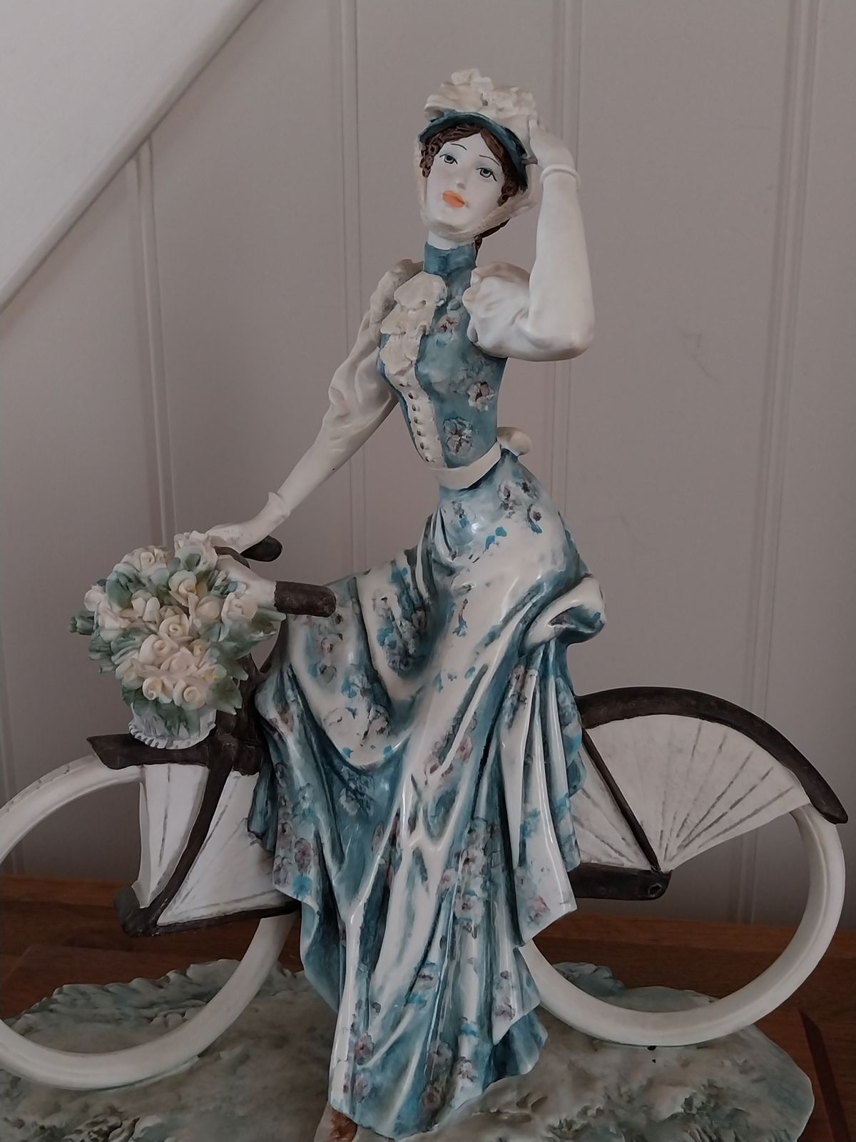 Capodimonte Auro Belcari Girl On Bycycle With Flower Basket. Large. photo for sale