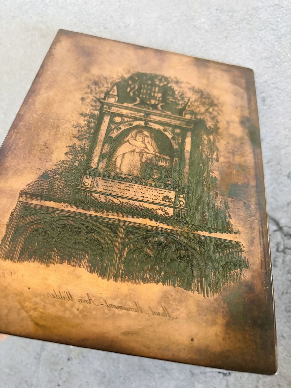 Antique Etched Copper Printing Plate Monument To Anne Wylde In Tong Church In Salop photo 90.0