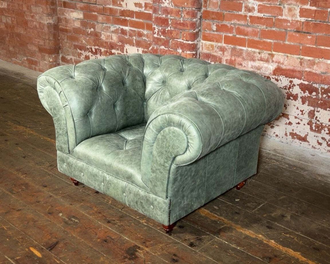 Sophisticated 1931 Chesterfield Chair In Premium Distressed Sage Green Leather