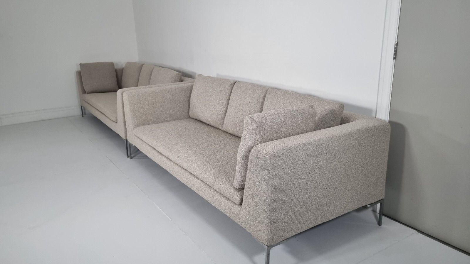 photo furniture Bb Italia Pair Of Charles Sofas In Grey Boucle With Hues Of Honey In Excellent