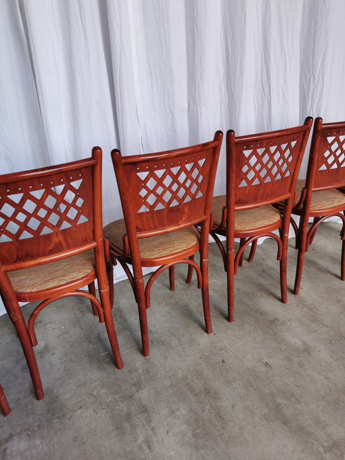 Set Of 6 Vintage Dining Chairs With Perforated Backrest In Reddish Wood With Brown Fabric Seat / 1980s Italy / Italian Bistro Dine Chair photo buy