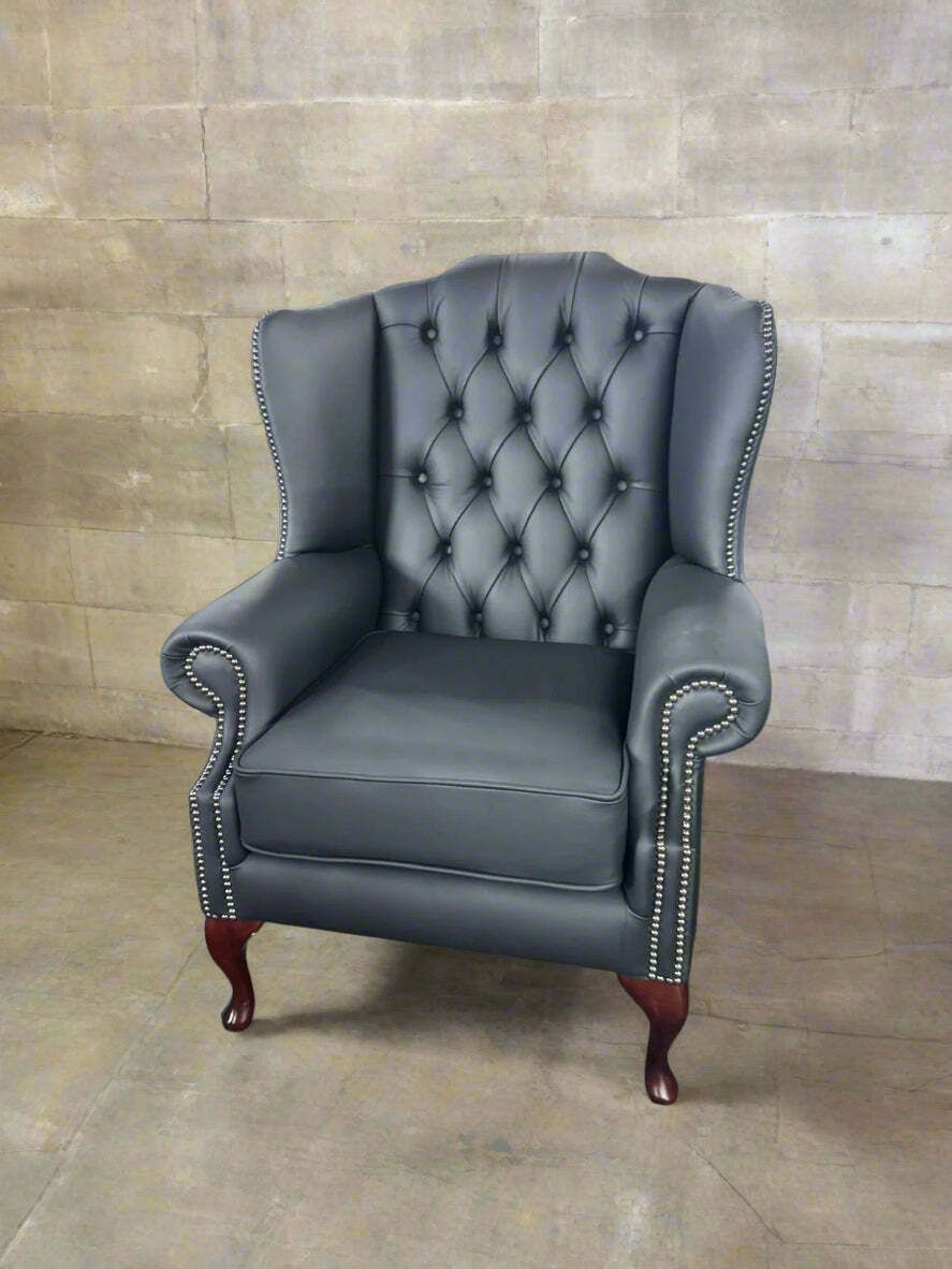 Elegant Queen Anne Chair In Contemporary Premium Matt Black Leather.