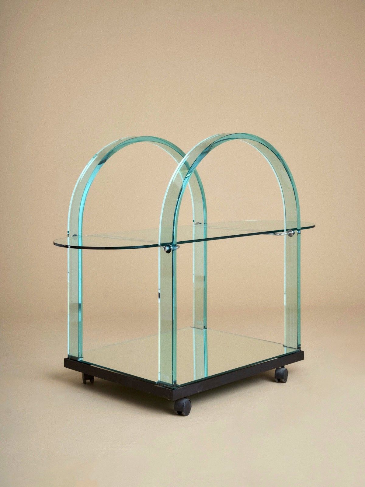 1980's Italian Mirrored Glass Postmodern Cocktail Bar Trolley Cart By Fiam