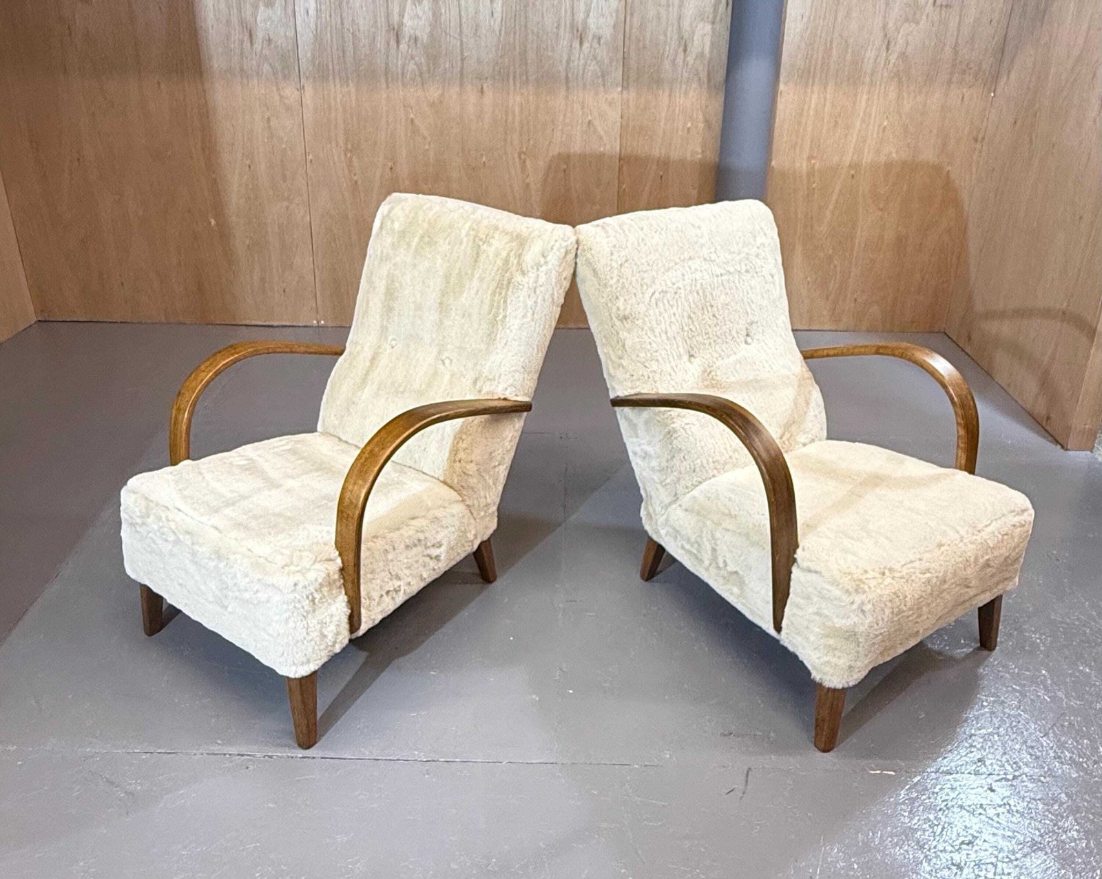 Art Deco 1940’s Swept Curved Arm Oak Armchair In Polar Fleece Nordic Fur Fabric. Has Been Fully Refurbished & Restored.. Stunning Item…. photo furniture