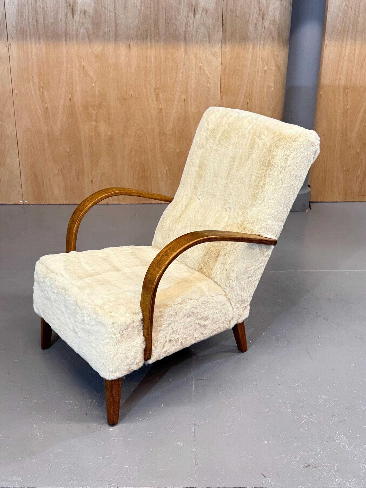 Art Deco 1940’s Swept Curved Arm Oak Armchair In Polar Fleece Nordic Fur Fabric. Has Been Fully Refurbished & Restored.. Stunning Item…. photo vintage