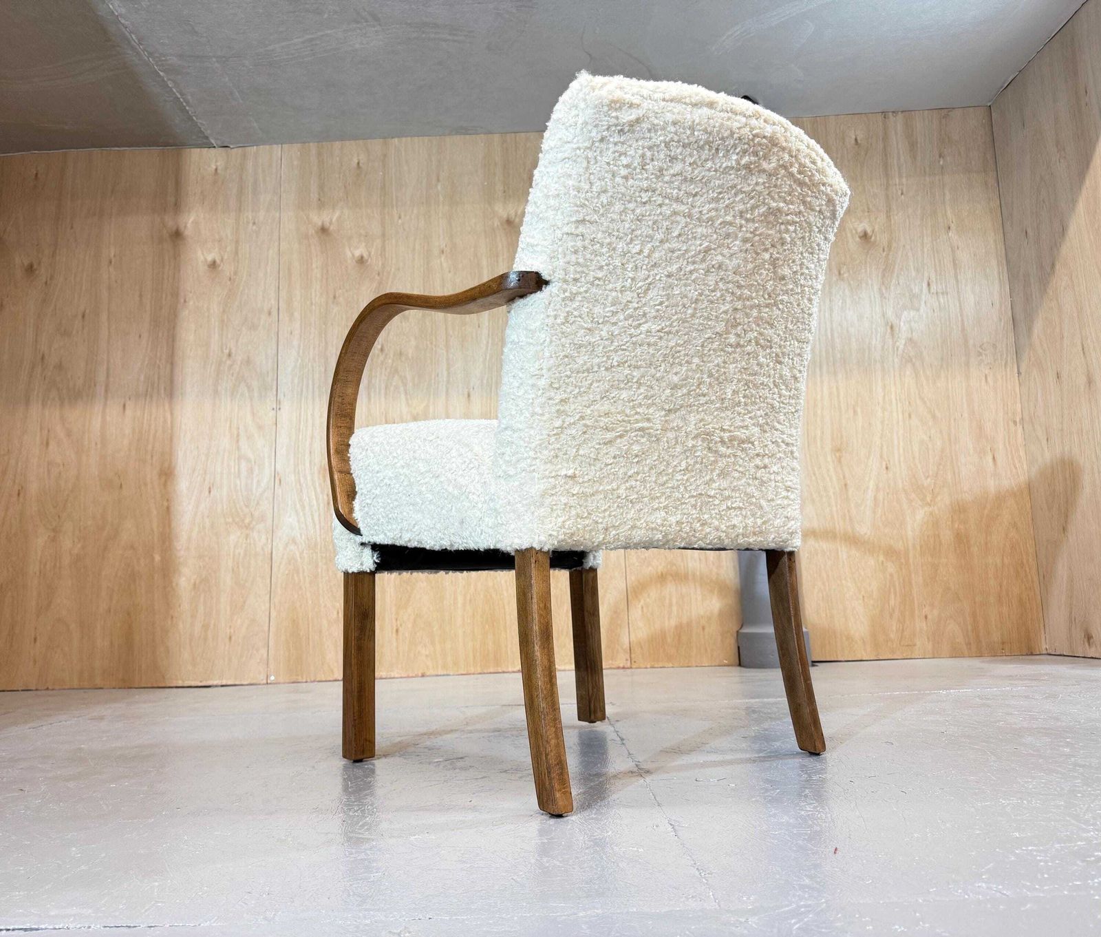 Parker Knoll 1930’s Oak Utility Petite Armchair In (Faux) Lambs Sheep Fleece Deep Boucle Luxury. Fully Refurbished & Restored. photo furniture