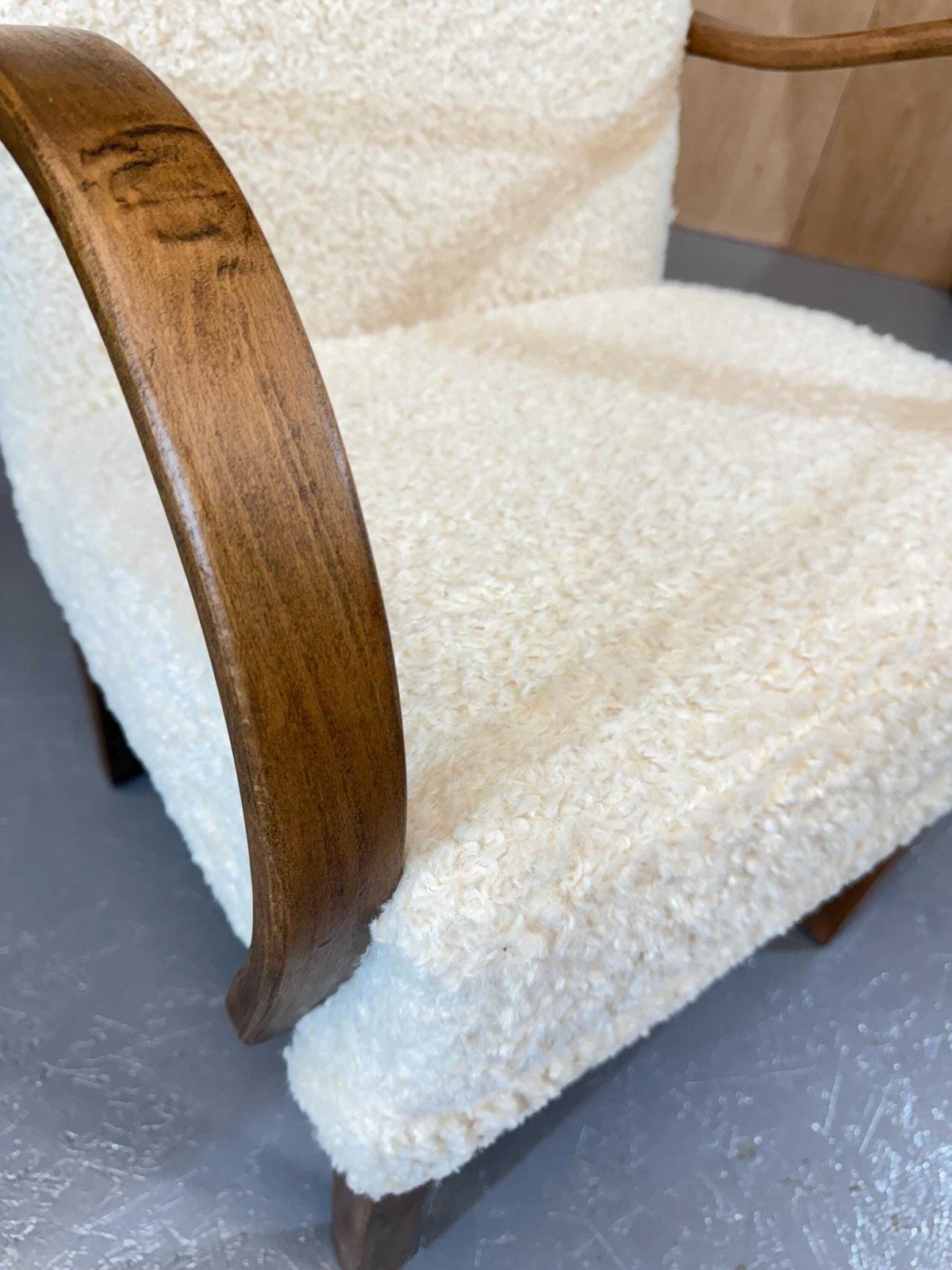 Parker Knoll 1930’s Oak Utility Petite Armchair In (Faux) Lambs Sheep Fleece Deep Boucle Luxury. Fully Refurbished & Restored. photo vinterior