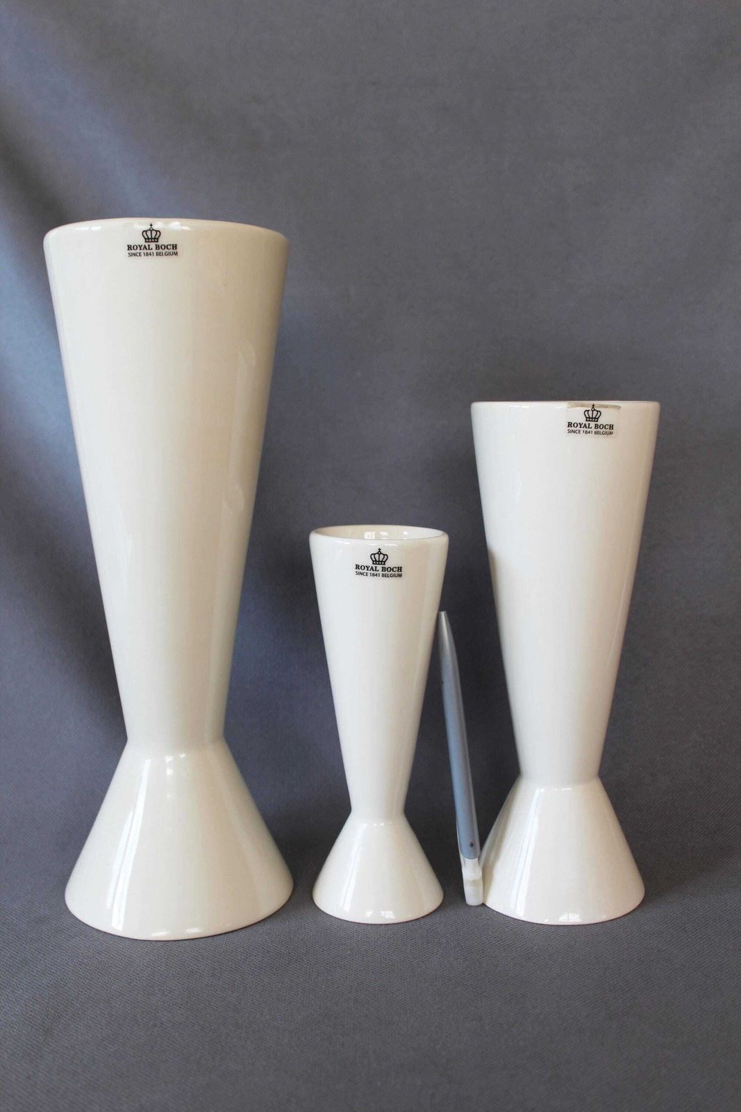 Set Of 3 Modernist Ceramic Off White Cone Vase, Candle Holder, Royal Boch Belgium, Designer Emmanuel Gardin, Model Slender, Double Sided photo furniture