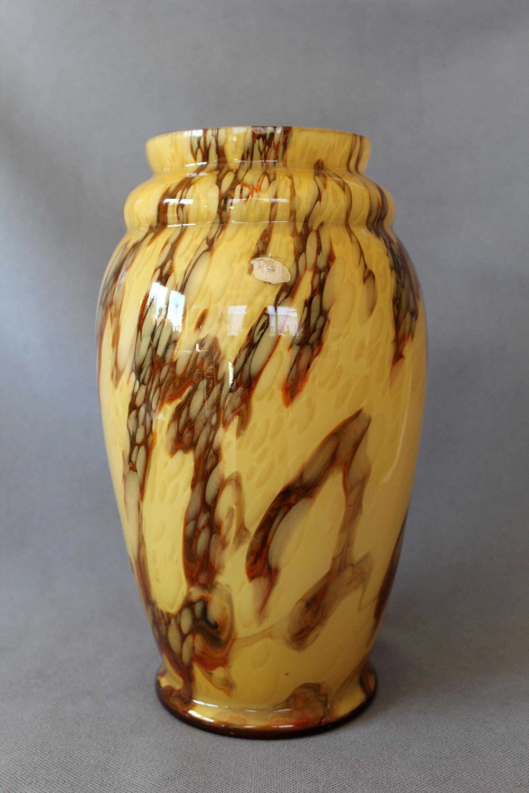 Art Deco Circa 1930s Tall Opaline Glass Vase, Marbled Glass, Caramel, Double Cased Glass, Scailmont Heemskerk Cristal, Studio Art Glass photo for sale