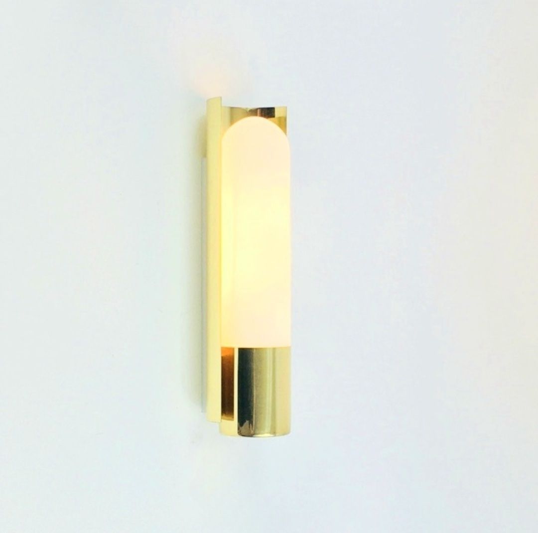 Pair Of Brass And Opaline Glass Wall Lights From Limburg, Germany, 1970s photo Lighting