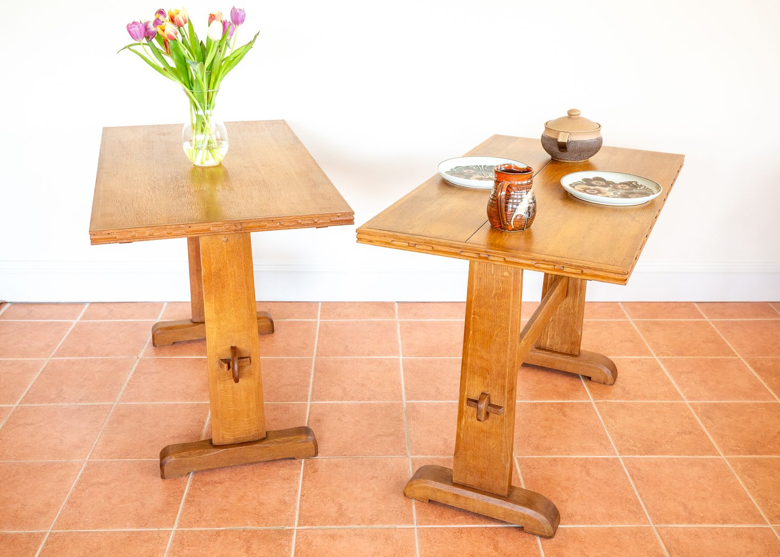photo vintage Pair Of Light Oak Refectory Trestle Tables Cotswold School Arts And Crafts Heals Bedroom Side Dining Tables Golden Oak Rustic Farmhouse Antiqu.E
