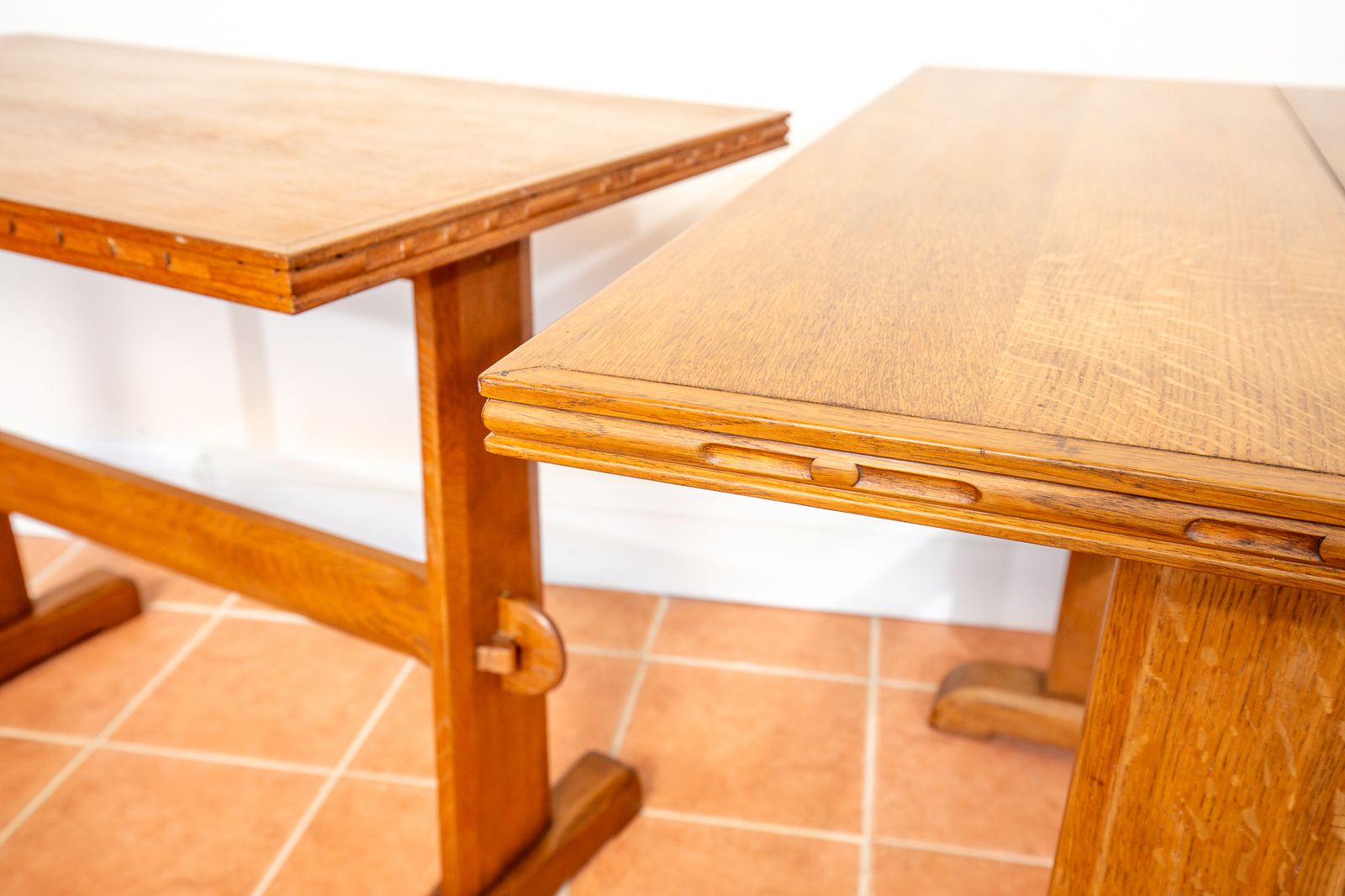 Pair Of Light Oak Refectory Trestle Tables Cotswold School Arts And Crafts Heals Bedroom Side Dining Tables Golden Oak Rustic Farmhouse Antiqu.E photo furniture