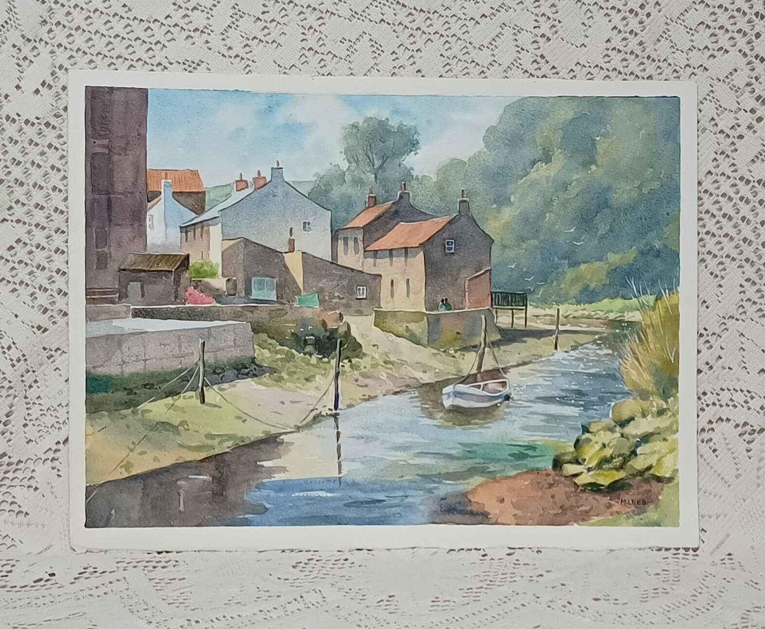Original Unframed Watercolour Painting,Low Tide Quayside West Yorkshire Signed M.Lees. photo for sale