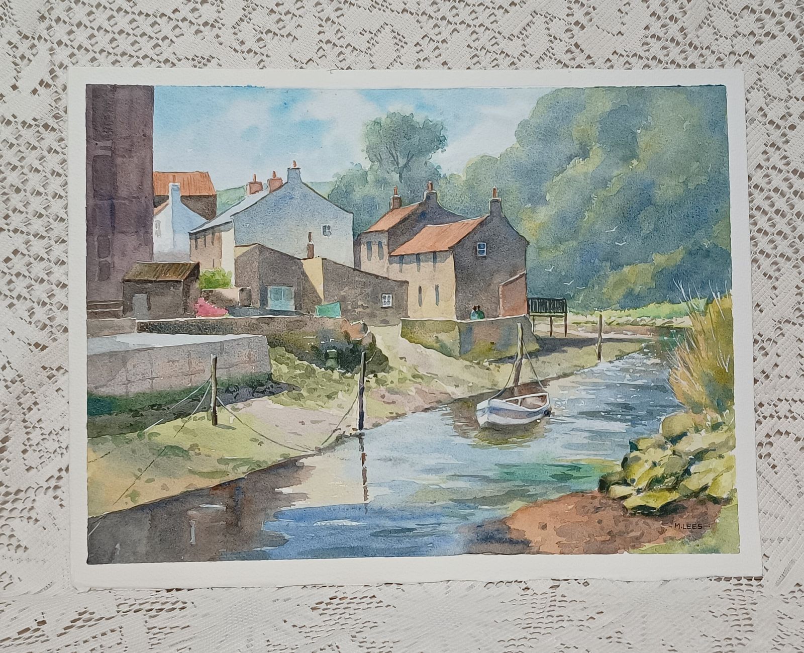 Original Unframed Watercolour Painting,Low Tide Quayside West Yorkshire Signed M.Lees. photo Art