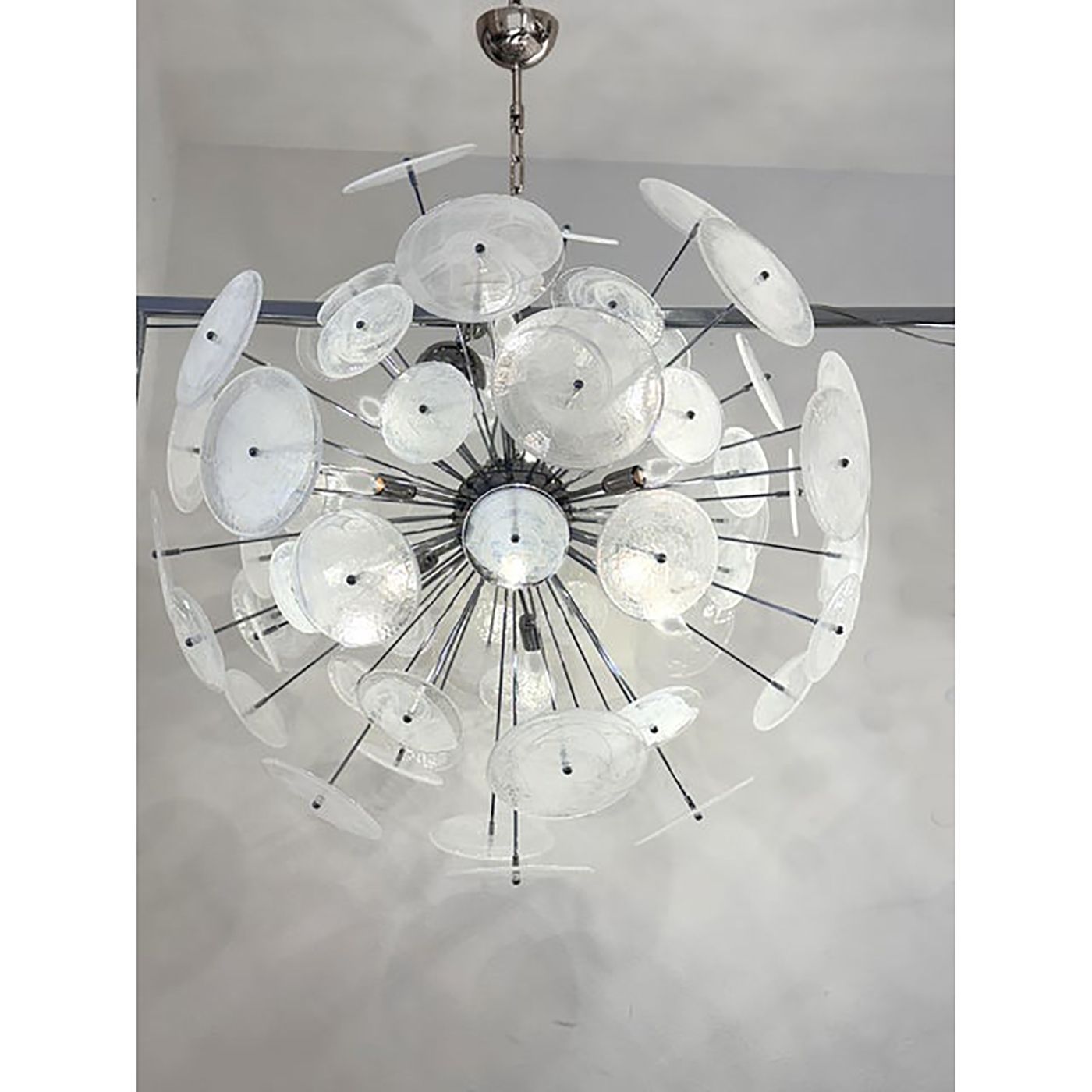 Contemporary Chromed Sputnik Chandelier With Venied White "Alabastro" Murano Glass Discs By Simoeng photo buy