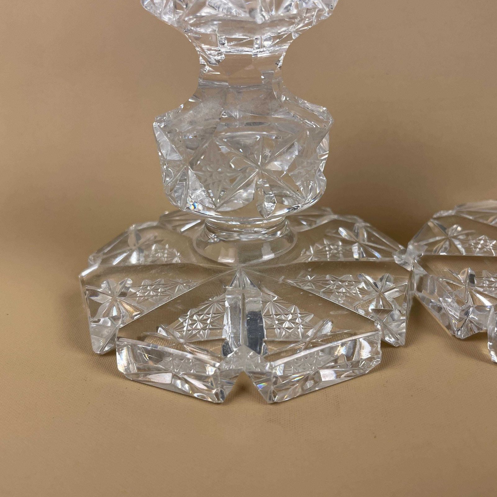 Vintage Pair Of Matching Clear Glass Candlestick Candle Stick Holder Lights Vintage Taper Dinner Candlesticks Chandelier Round Base Retro photo for sale