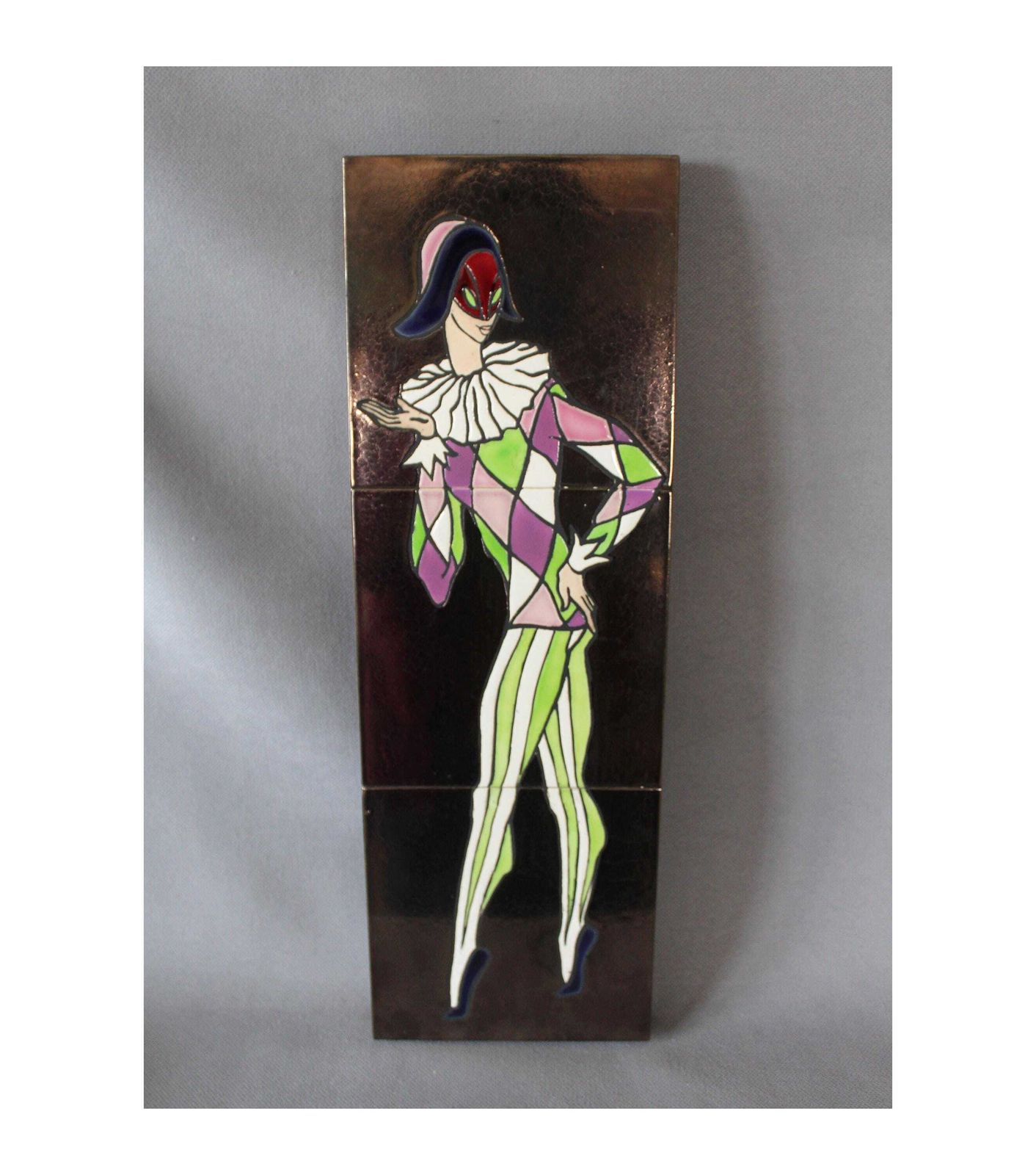 Tall Vintage Mid Century Retro Harlequin Jester Ceramic Tile Art Panel, Wall Plaque, Tile Panel On Wood, Painting, Mardi Gras, Dancer
