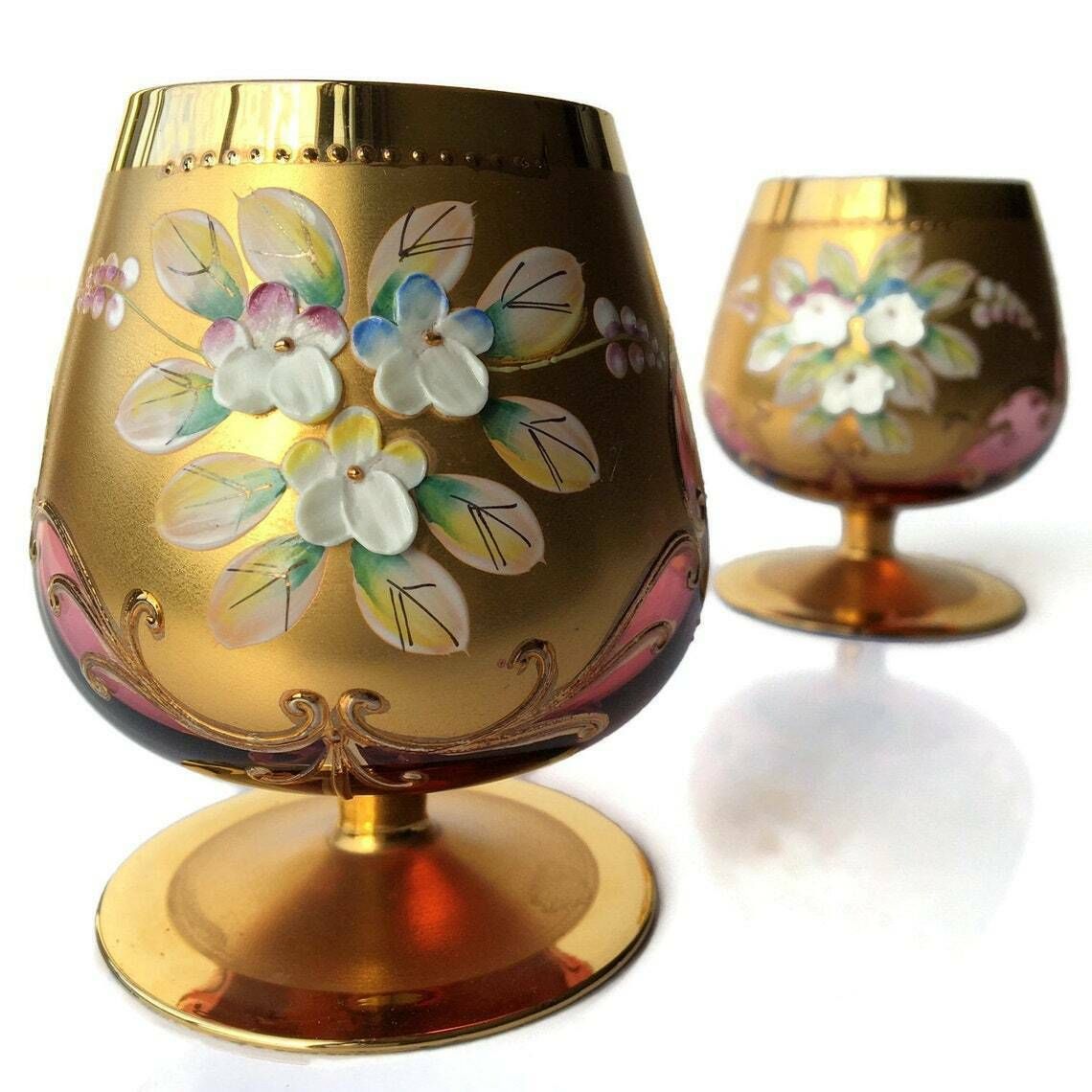 1x Moser Cognac Glass | Brandy Snifter | Cranberry Covered With Gold And Raised Flowers. Czech Republic Glass Art. photo furniture