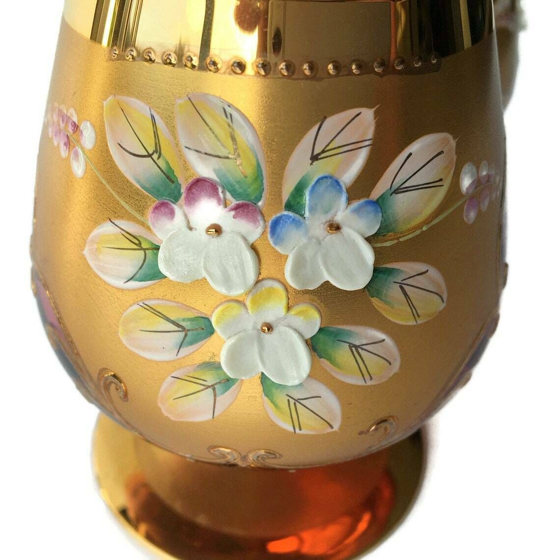 1x Moser Cognac Glass | Brandy Snifter | Cranberry Covered With Gold And Raised Flowers. Czech Republic Glass Art. photo buy