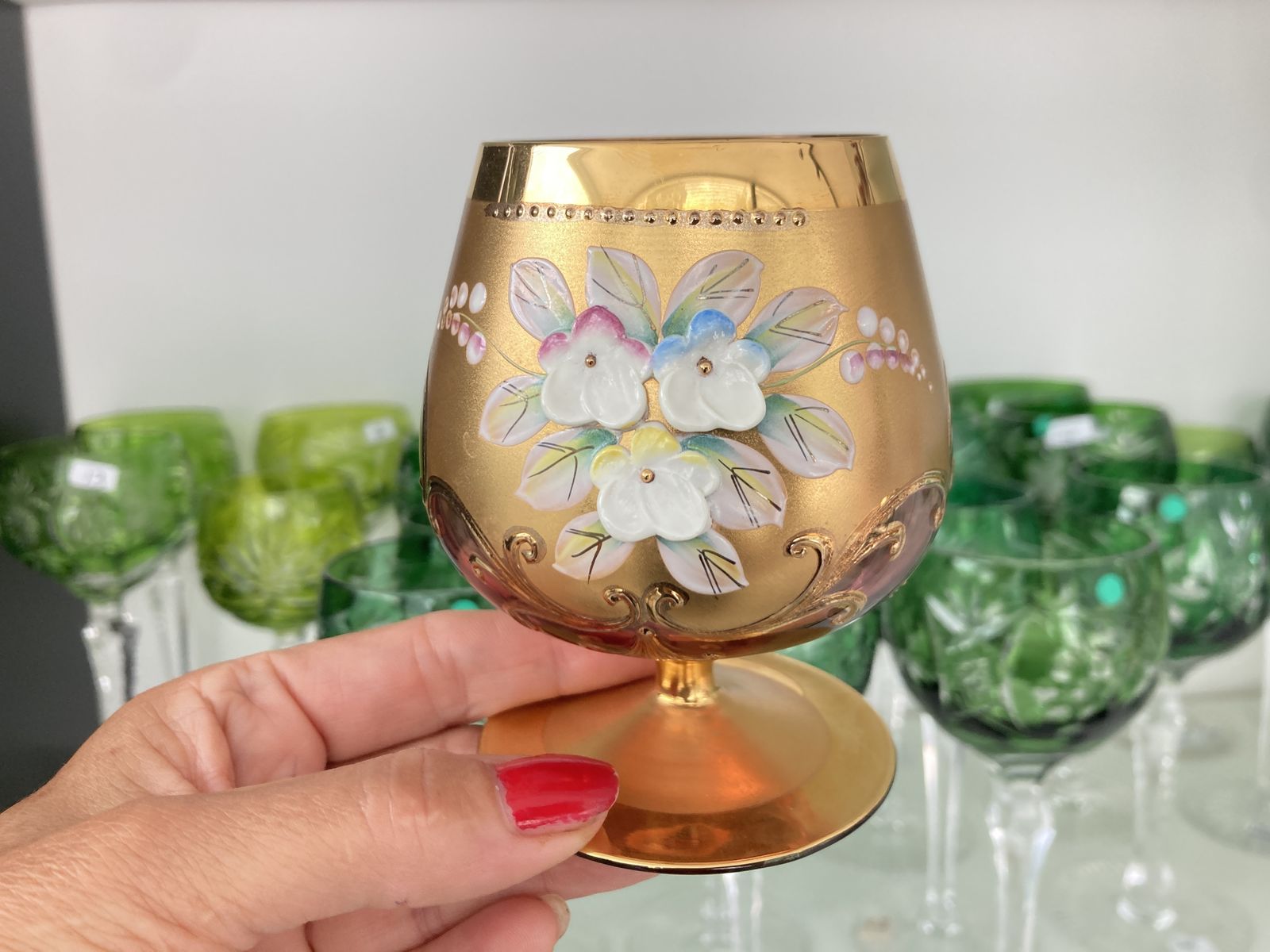 photo for sale 1x Moser Cognac Glass | Brandy Snifter | Cranberry Covered With Gold And Raised Flowers. Czech Republic Glass Art.