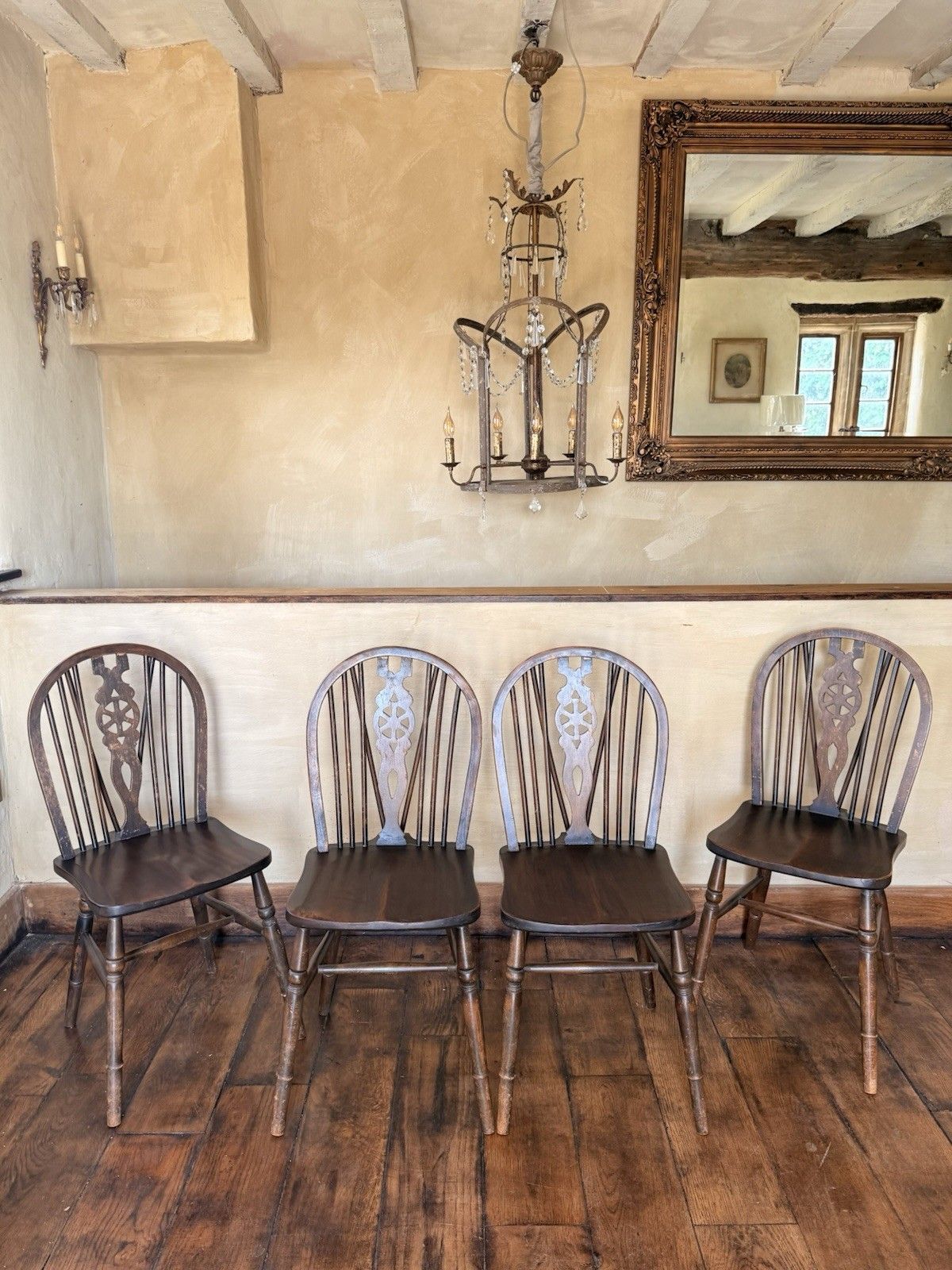 Matching Set Of 4 Vintage  Oak Rustic Farmhouse Cart Wheel Back Dining Chairs
