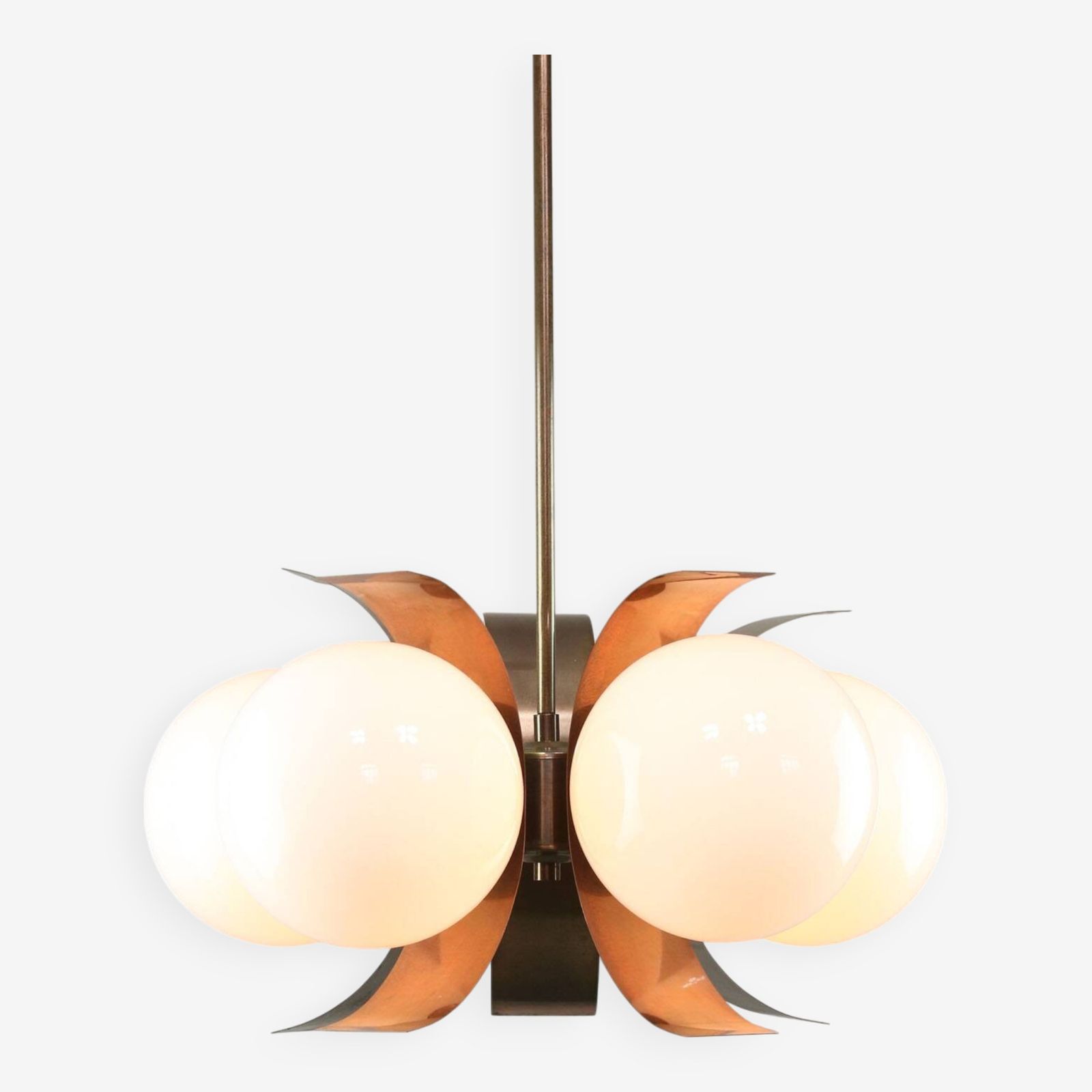 Vintage Italian Copper And Opaline Chandelier, 1970s