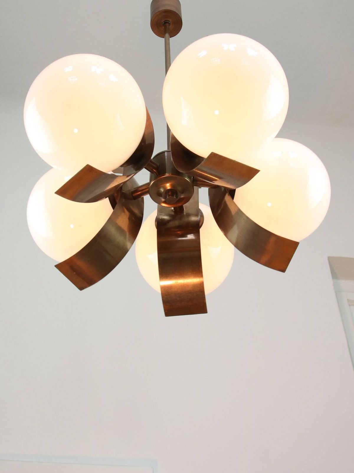 photo for sale Vintage Italian Copper And Opaline Chandelier, 1970s