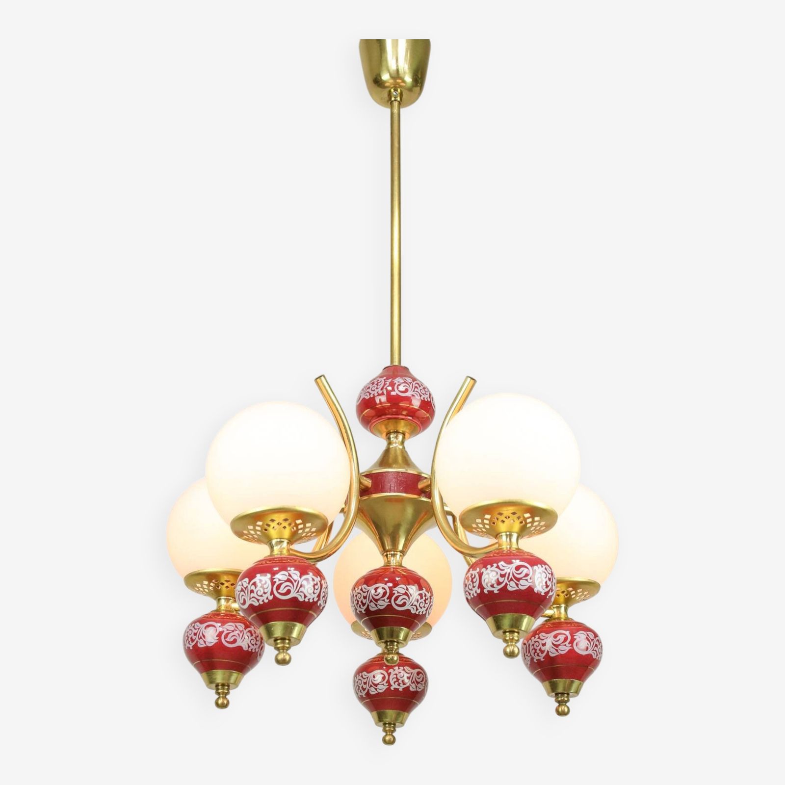Mid Century Italian Brass, Opaline & Ceramic Chandelier