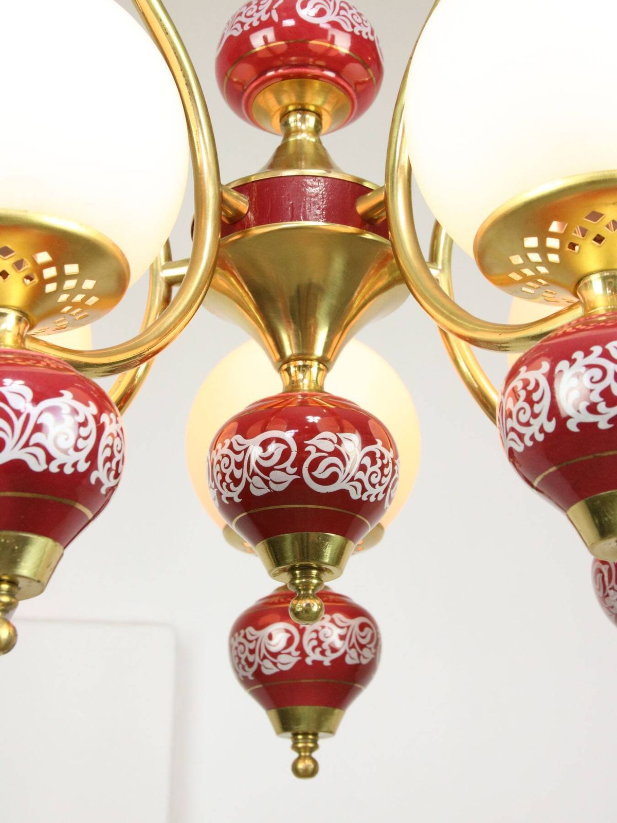 Mid Century Italian Brass, Opaline & Ceramic Chandelier photo vintage