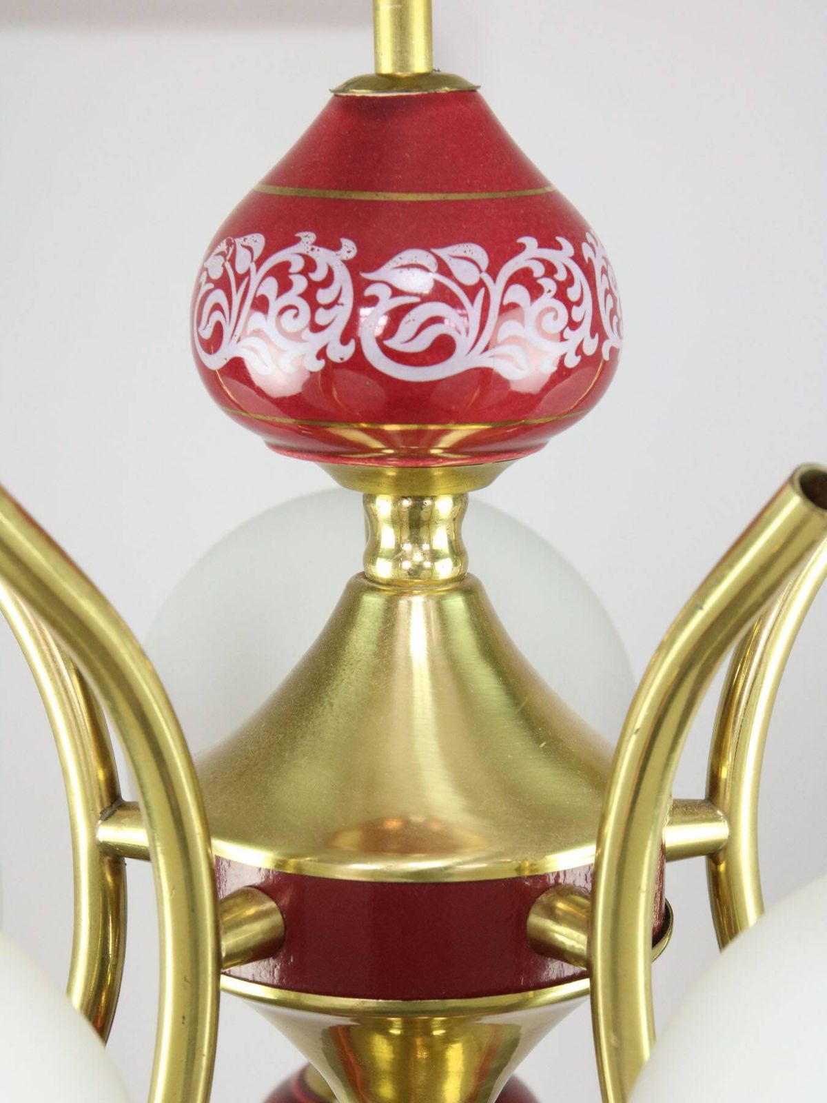 Lighting Mid Century Italian Brass, Opaline & Ceramic Chandelier photo