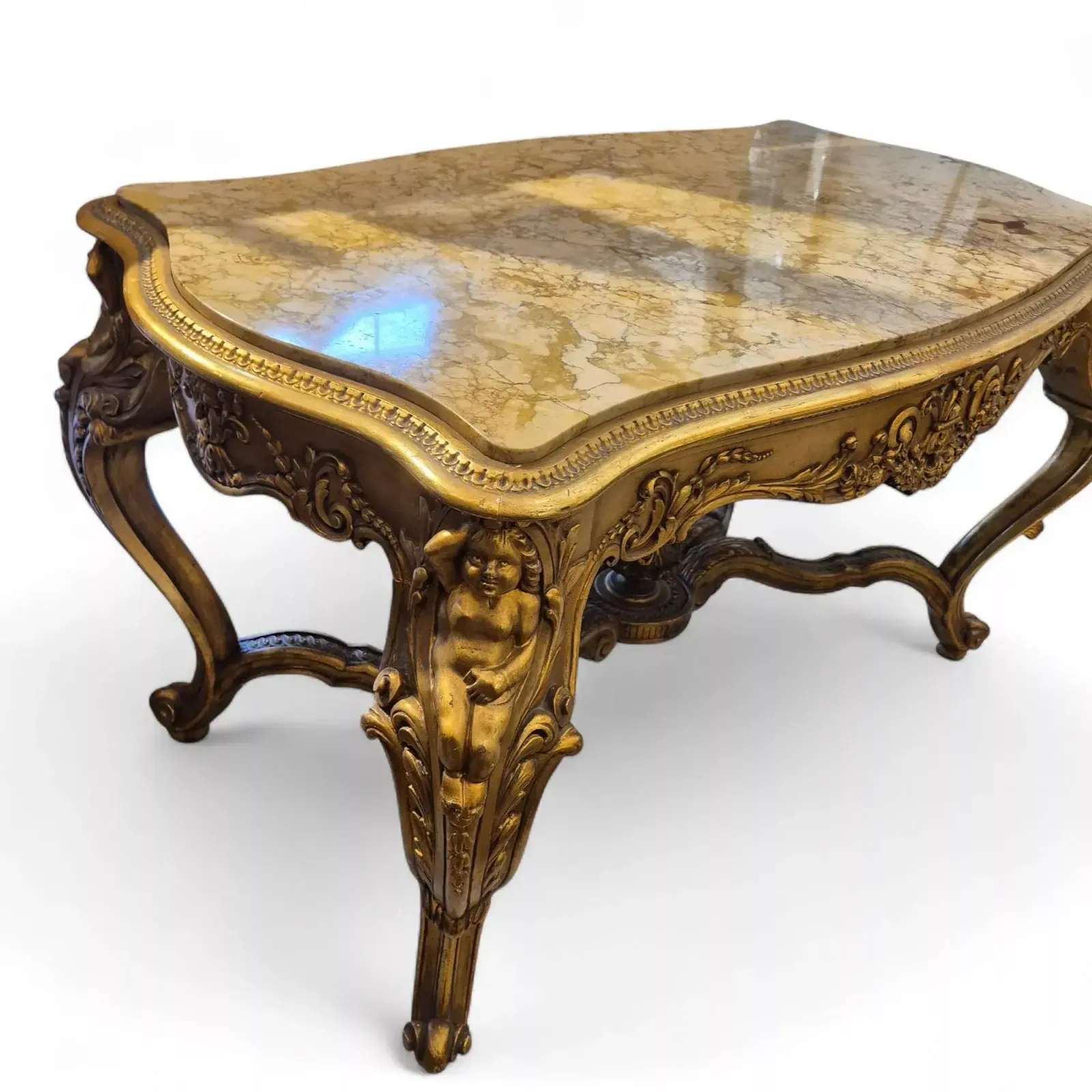 Furniture Louis XV Style Middle Table In Gilded Wood And Marble   19th Century photo