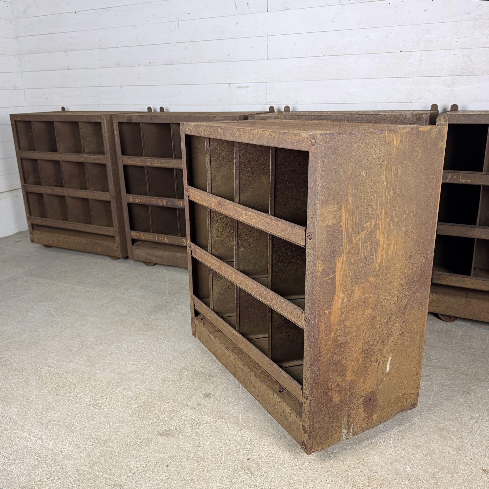 Set Of 6 Small Industrial Steel Pigeon Hole Units On Wheels photo Furniture