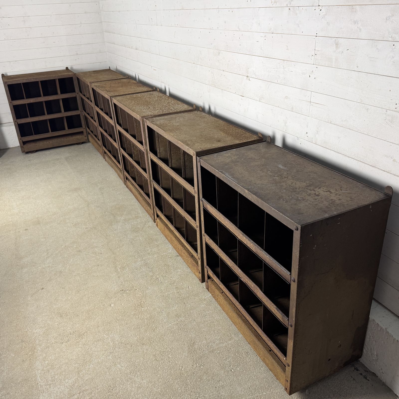 Set Of 6 Small Industrial Steel Pigeon Hole Units On Wheels photo buy