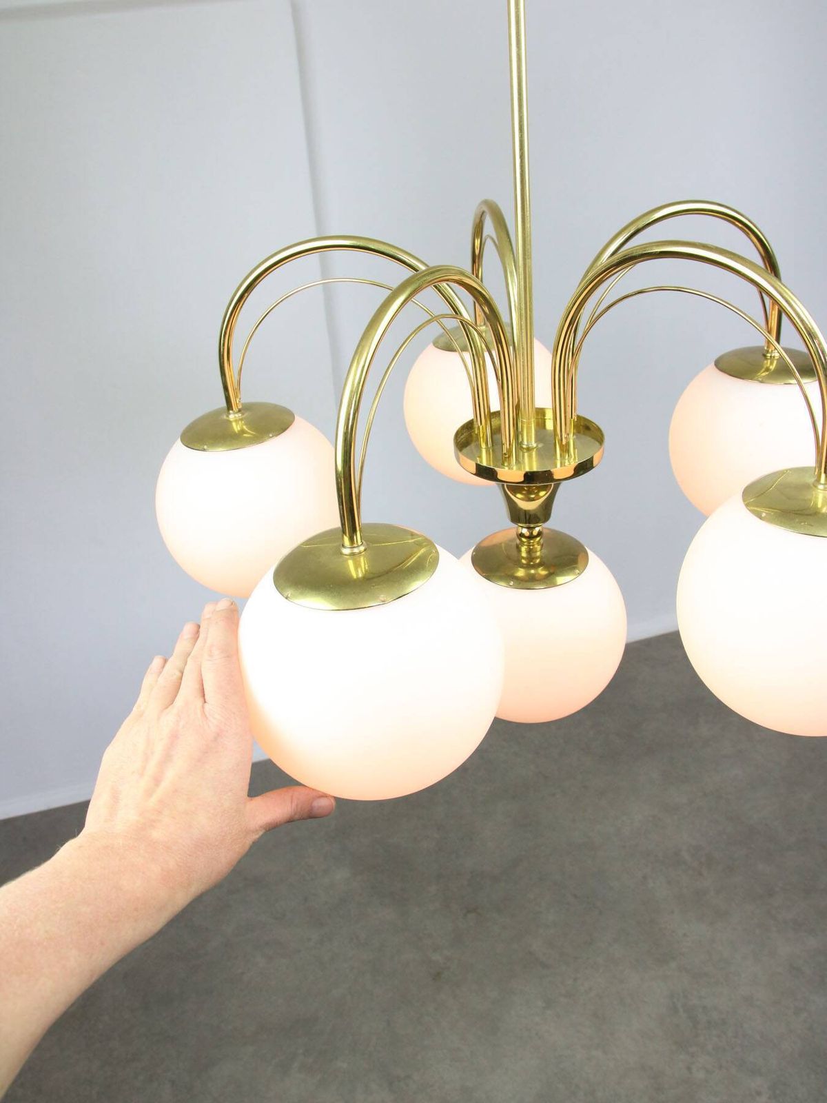 Vintage Golden & Opaline Glass 5 Arm Chandelier, 70s photo vintage