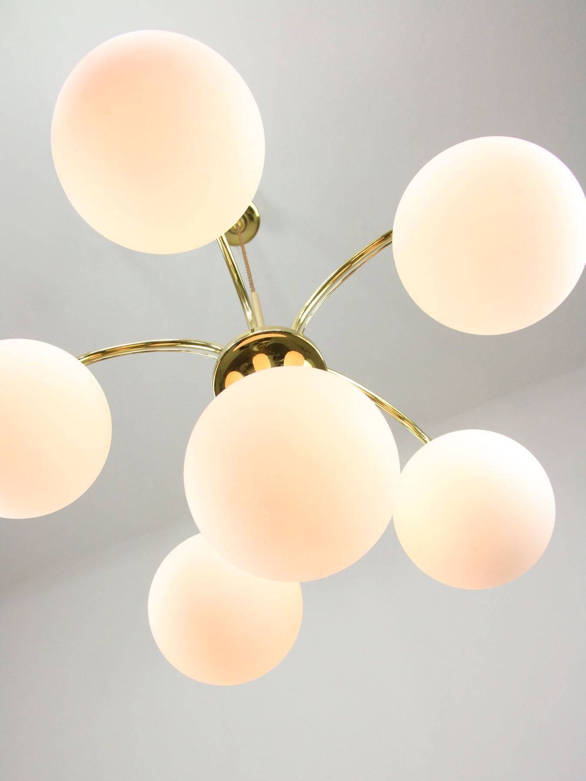 photo for sale Vintage Golden & Opaline Glass 5 Arm Chandelier, 70s