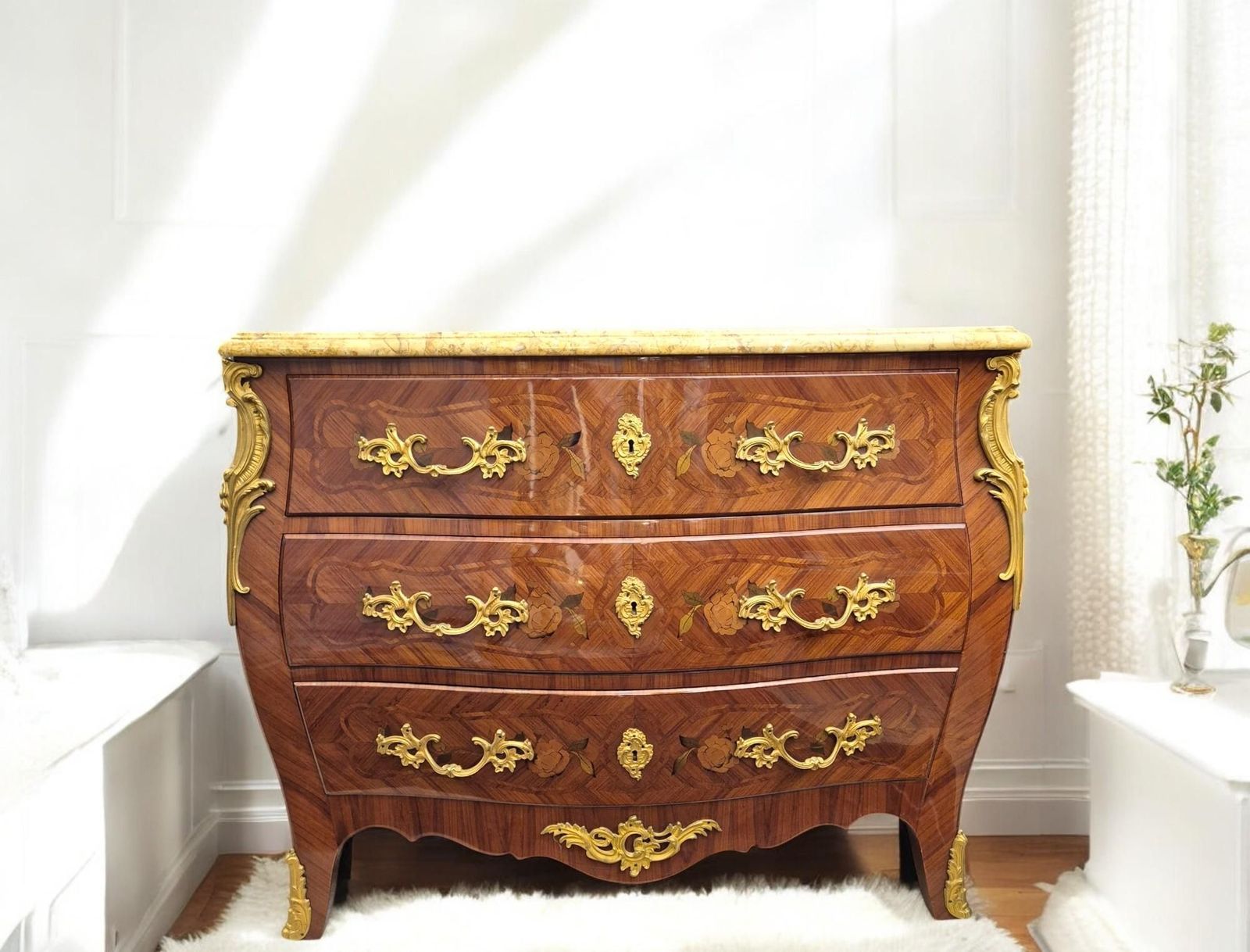 Louis XV Style Marquetry And Marble Chest Of Drawers, France, Early 20th Century