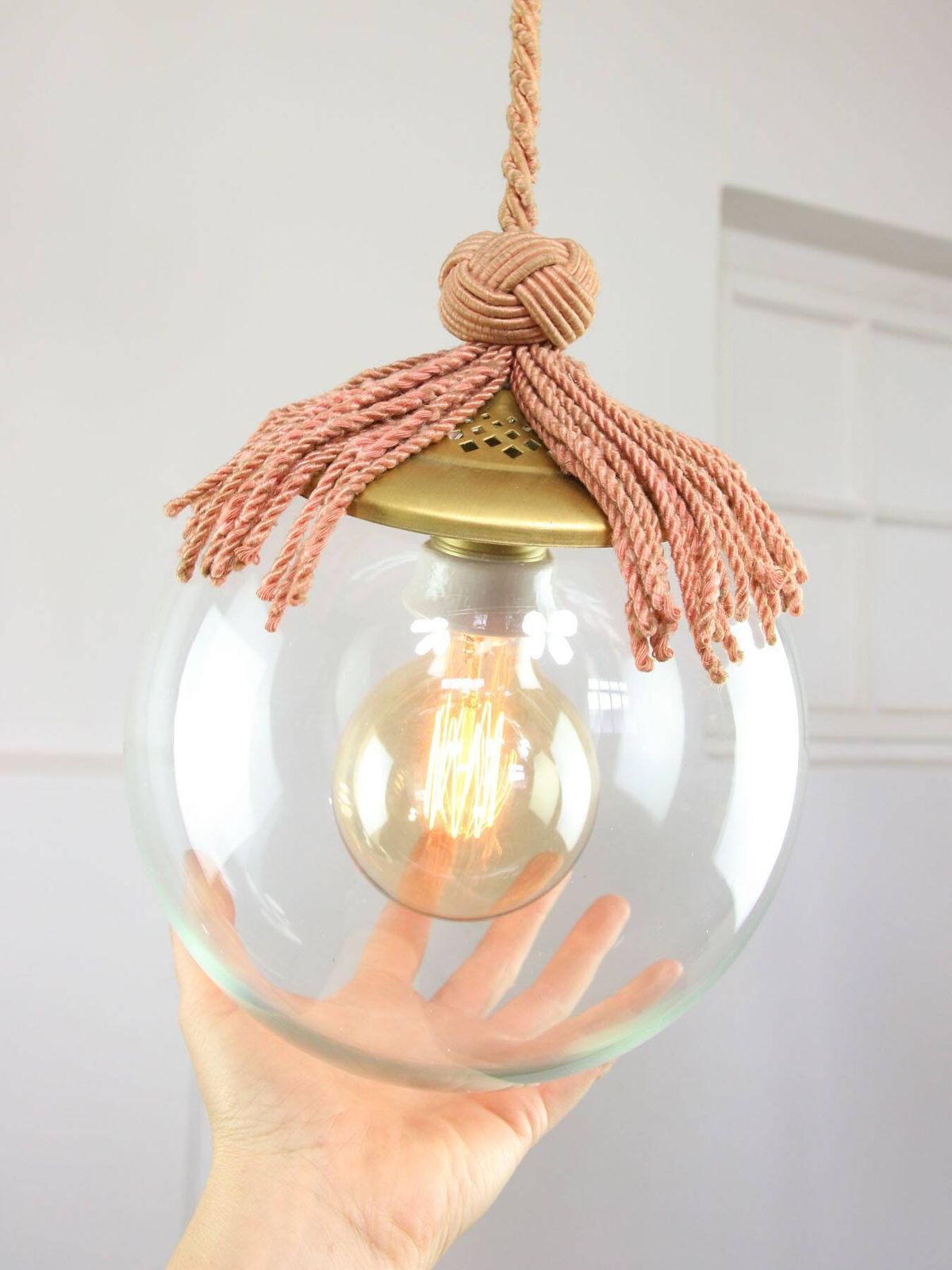 Art Deco Italian Pink Fabric And Brass Globe Pendant Lamp photo for sale