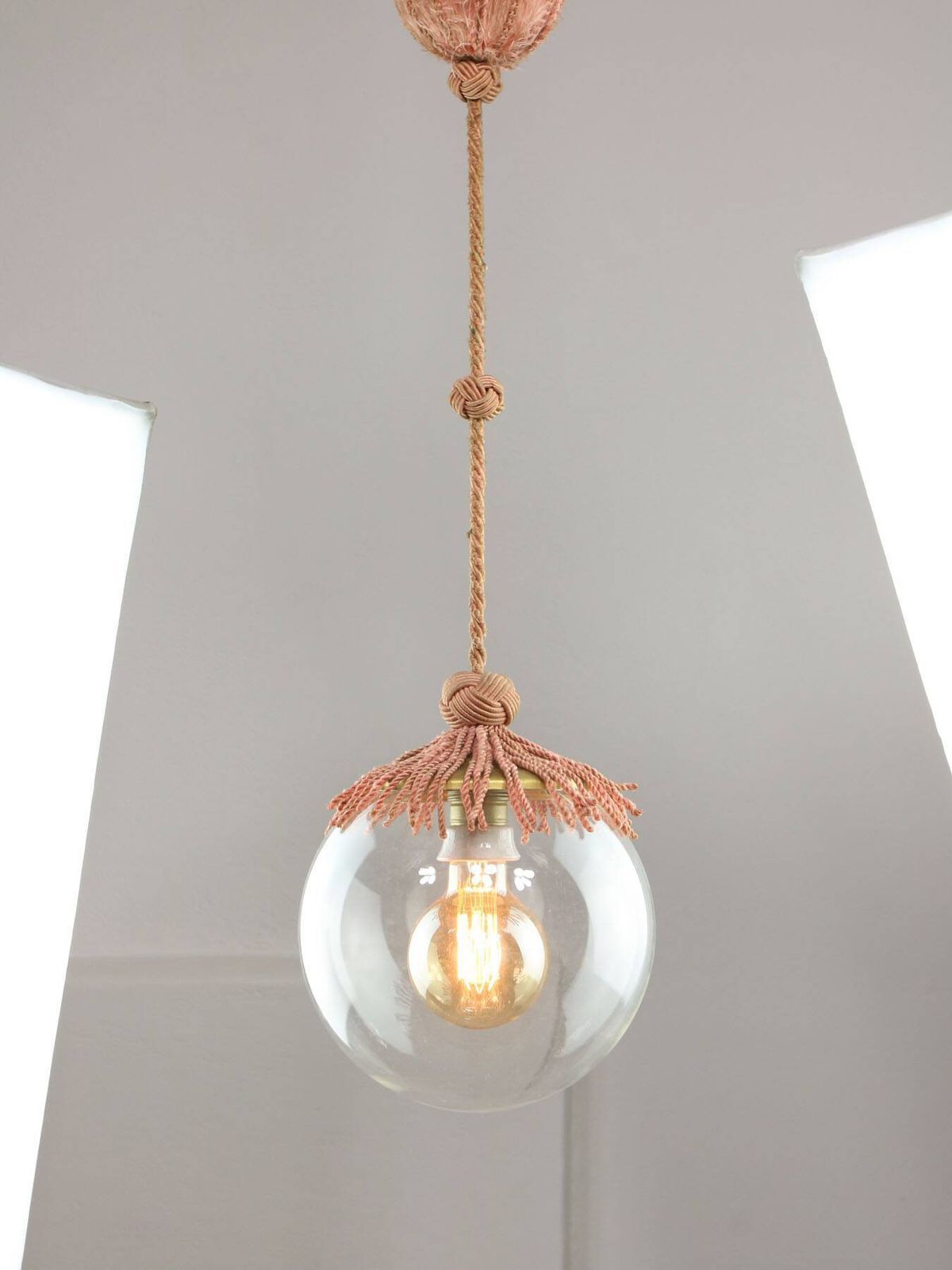 photo furniture Art Deco Italian Pink Fabric And Brass Globe Pendant Lamp