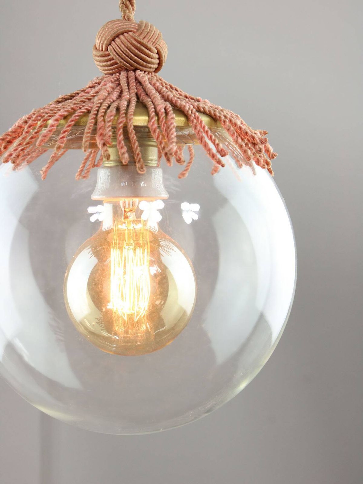 photo for sale Art Deco Italian Pink Fabric And Brass Globe Pendant Lamp