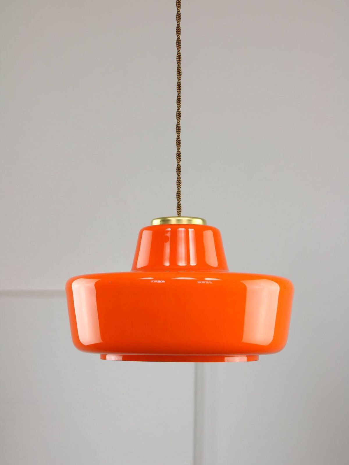 Mid Century Modern Italian Orange Glass And Brass Pendant Lamp photo furniture