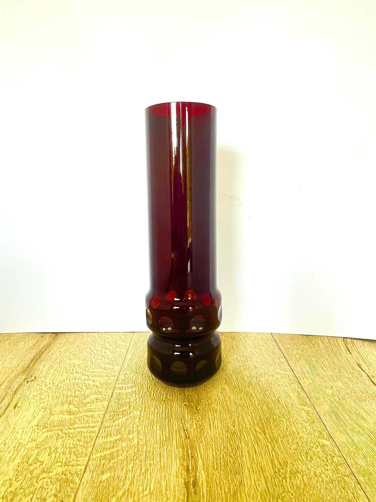 Tall Black Cherry Red Mid Century German Glass Vase With Clear Windows