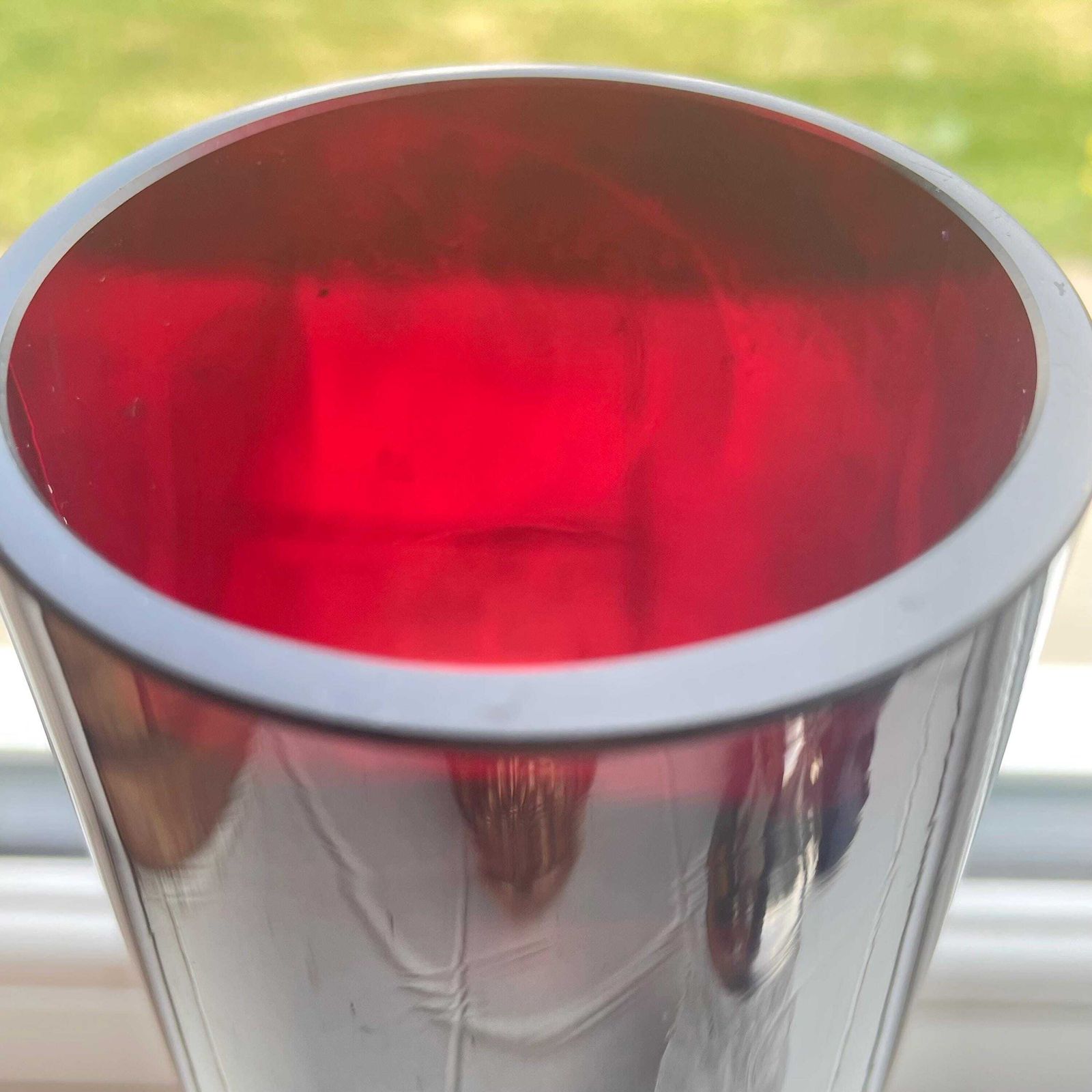 Tall Black Cherry Red Mid Century German Glass Vase With Clear Windows photo for sale