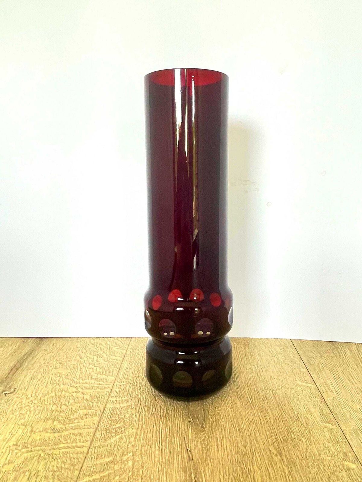 Tall Black Cherry Red Mid Century German Glass Vase With Clear Windows photo buy