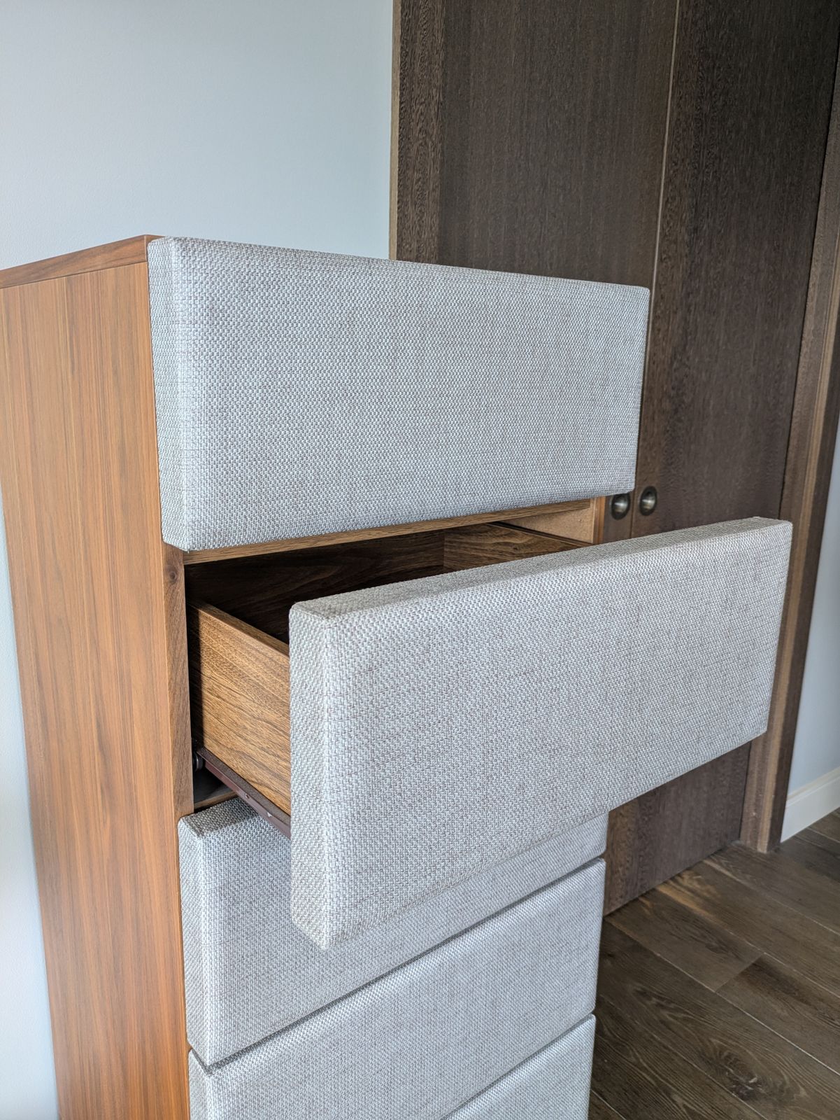 Tall Chest Of Drawers In Walnut And Upholstered Grey Fabric photo Furniture