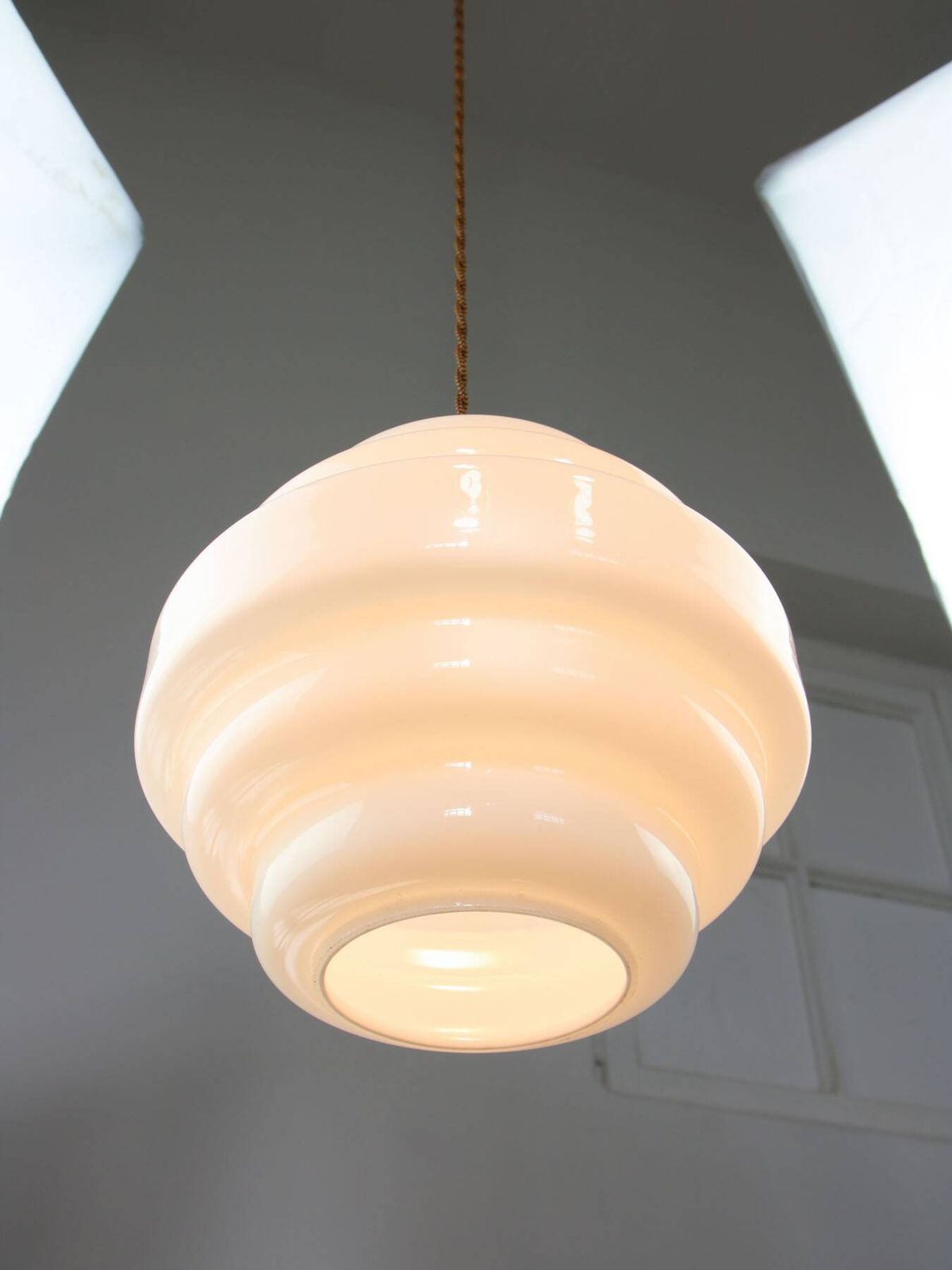 Mid Century Italian Brass And Opaline Glass Pendant Lamp photo vintage