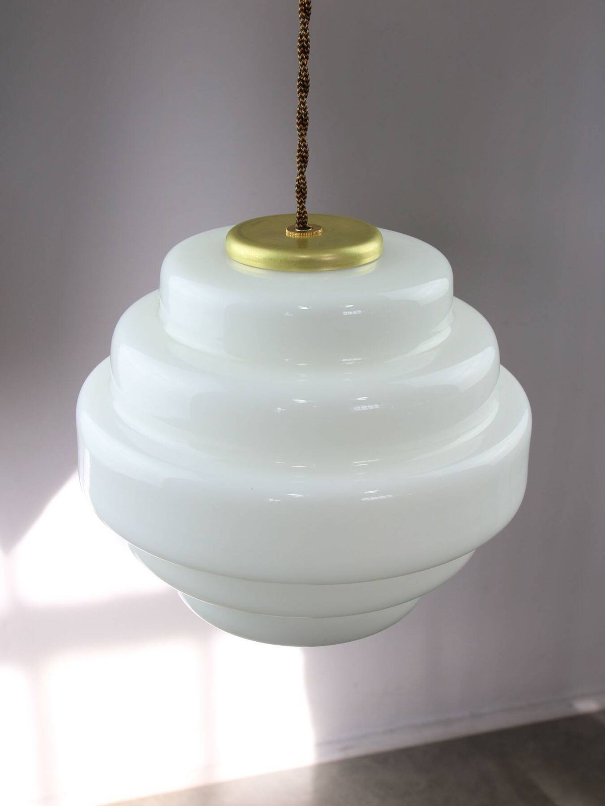 photo buy Mid Century Italian Brass And Opaline Glass Pendant Lamp